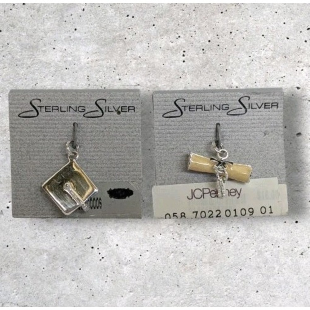 2 Sterling Silver Charms Graduation Gift Diploma Cap Hat Pendant Grad Deadstock